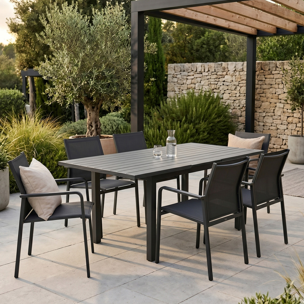 Ensemble 4/8p en full aluminium gris avec 6 fauteuils modulo