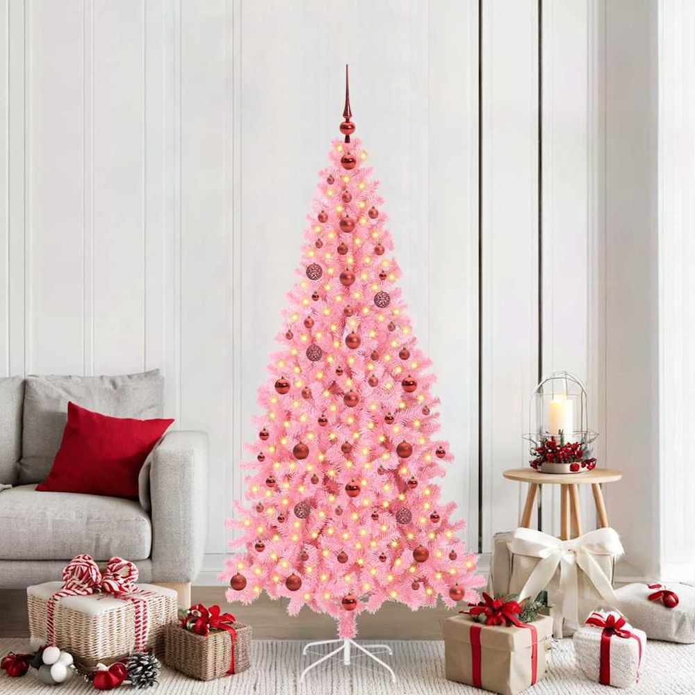 Grand sapin de noël lumineux rose 2.1m, décoré avec 300 led et boules incluses
