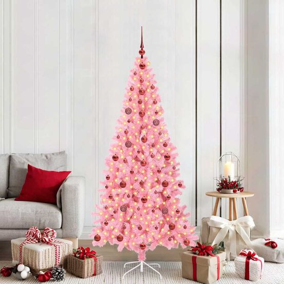 Grand sapin de noël lumineux rose 2.1m, décoré avec 300 led et boules incluses