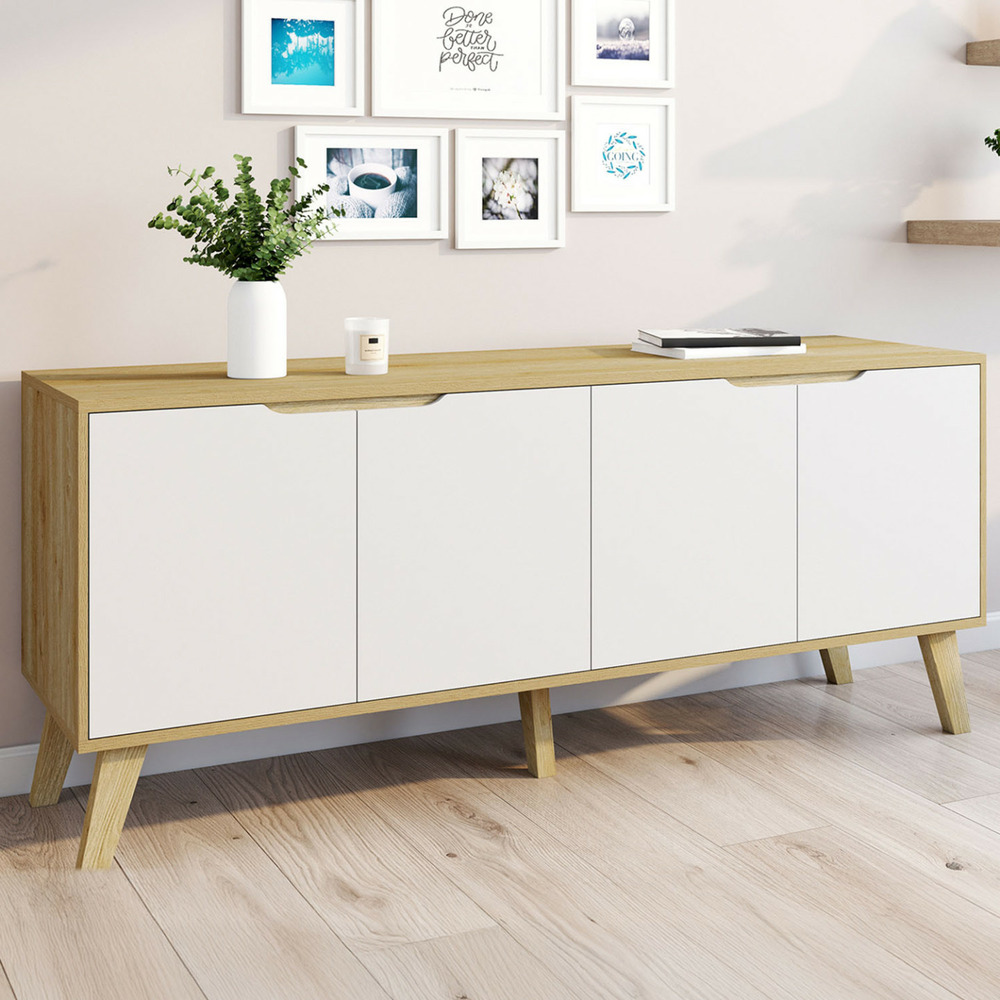 Buffet bas scandinave 140 cm finn 4 portes blanc et bois façon hêtre