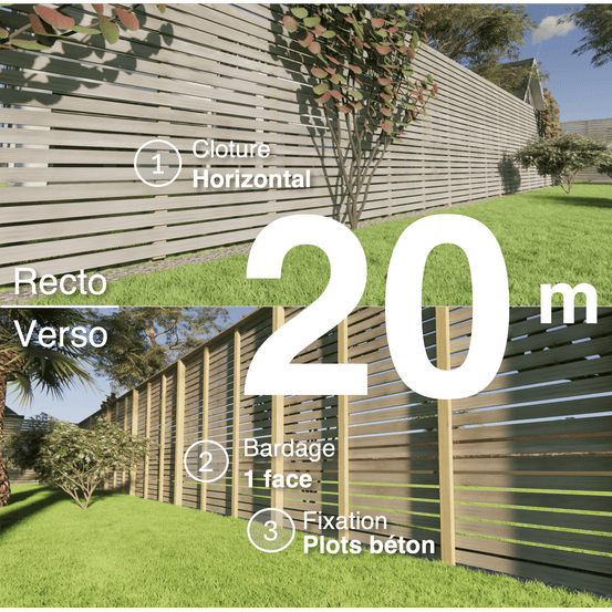 Kit clôture bois moderne 20m – h 2,3m – 20 x 70 mm autoclave gris – pose horizontal – simple face – à sceller