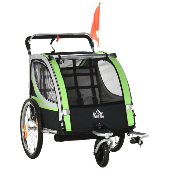 Remorque vélo enfant acier et oxford poussette 2 en 1 confort promenade famille vert