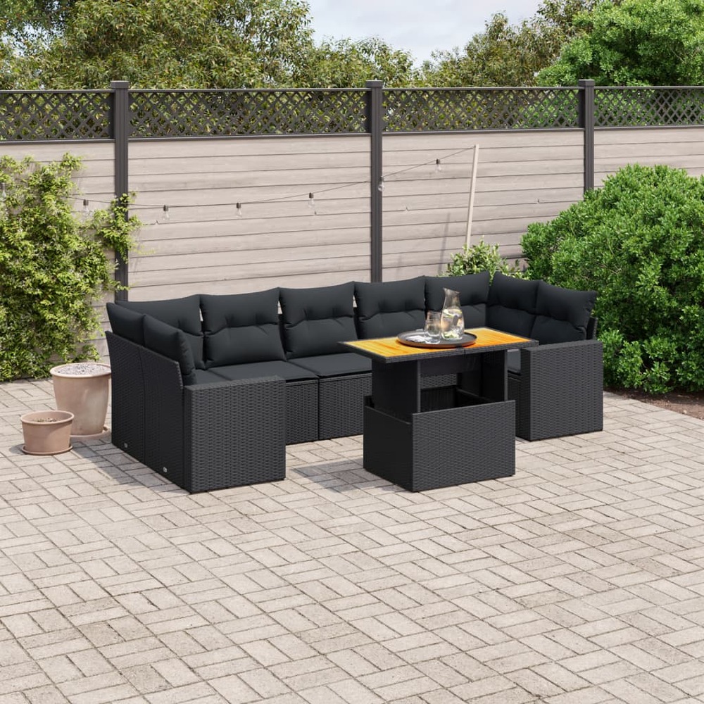 Salon de jardin 8 pcs avec coussins noir résine tressée