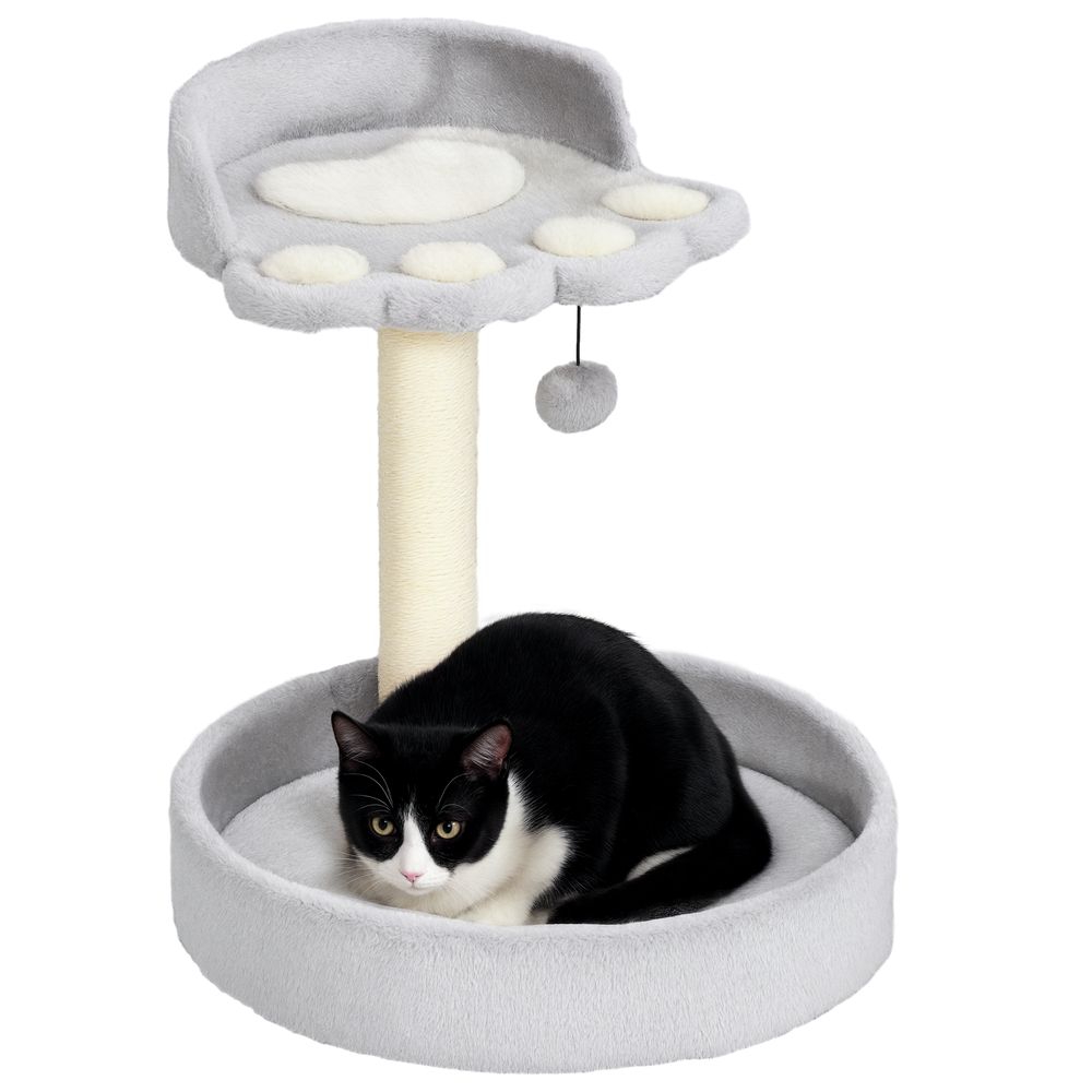 Petit arbre à chat bois peluche avec lit grattoir jute jouet 41x41x44cm gris clair