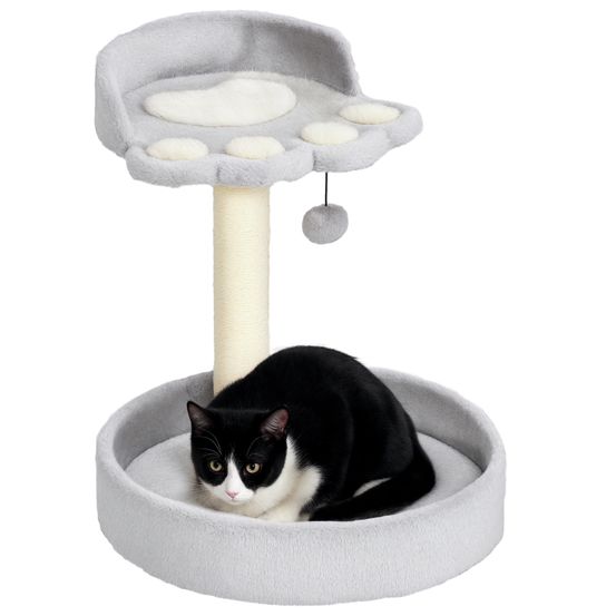 Petit arbre à chat bois peluche avec lit grattoir jute jouet 41x41x44cm gris clair