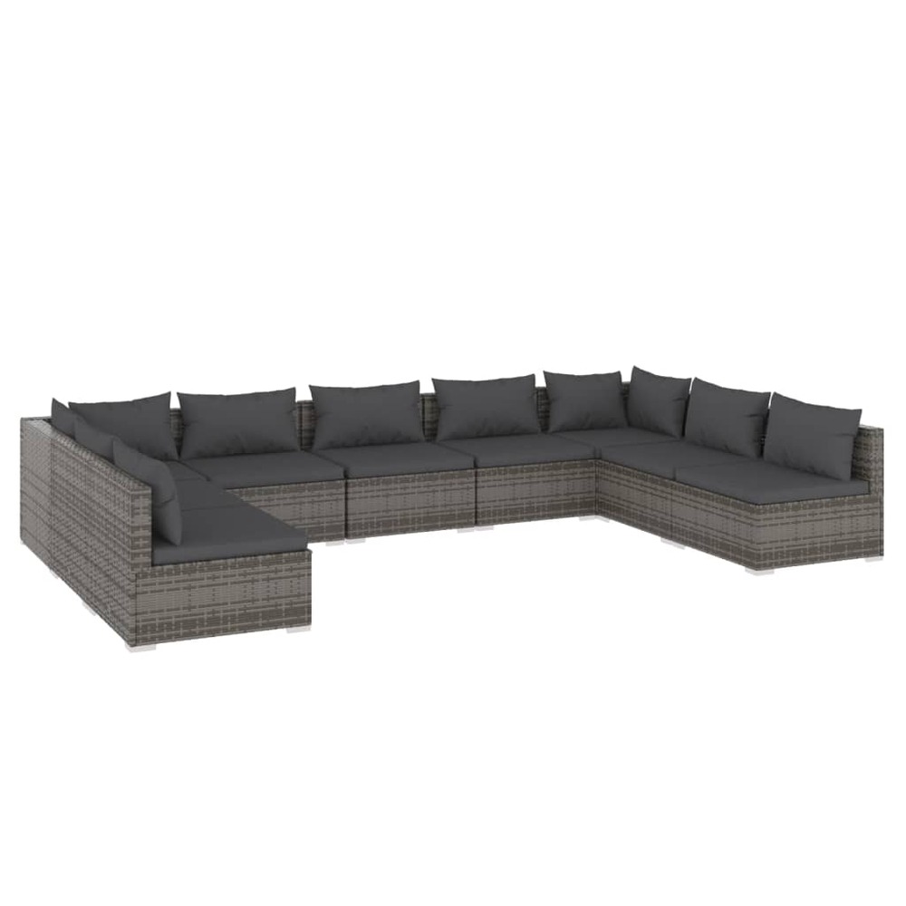 Salon de jardin 9 pcs avec coussins résine tressée gris