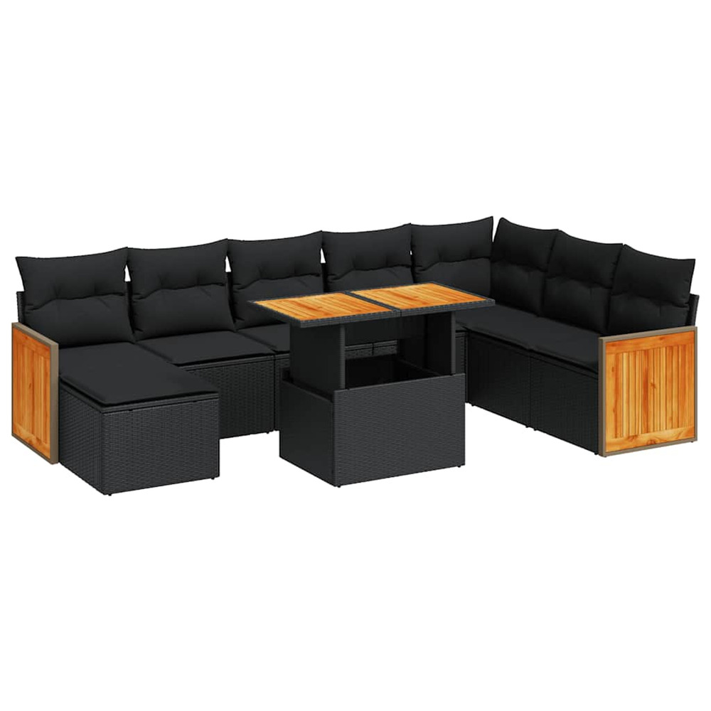 Salon de jardin avec coussins 9 pcs noir résine tressée acacia