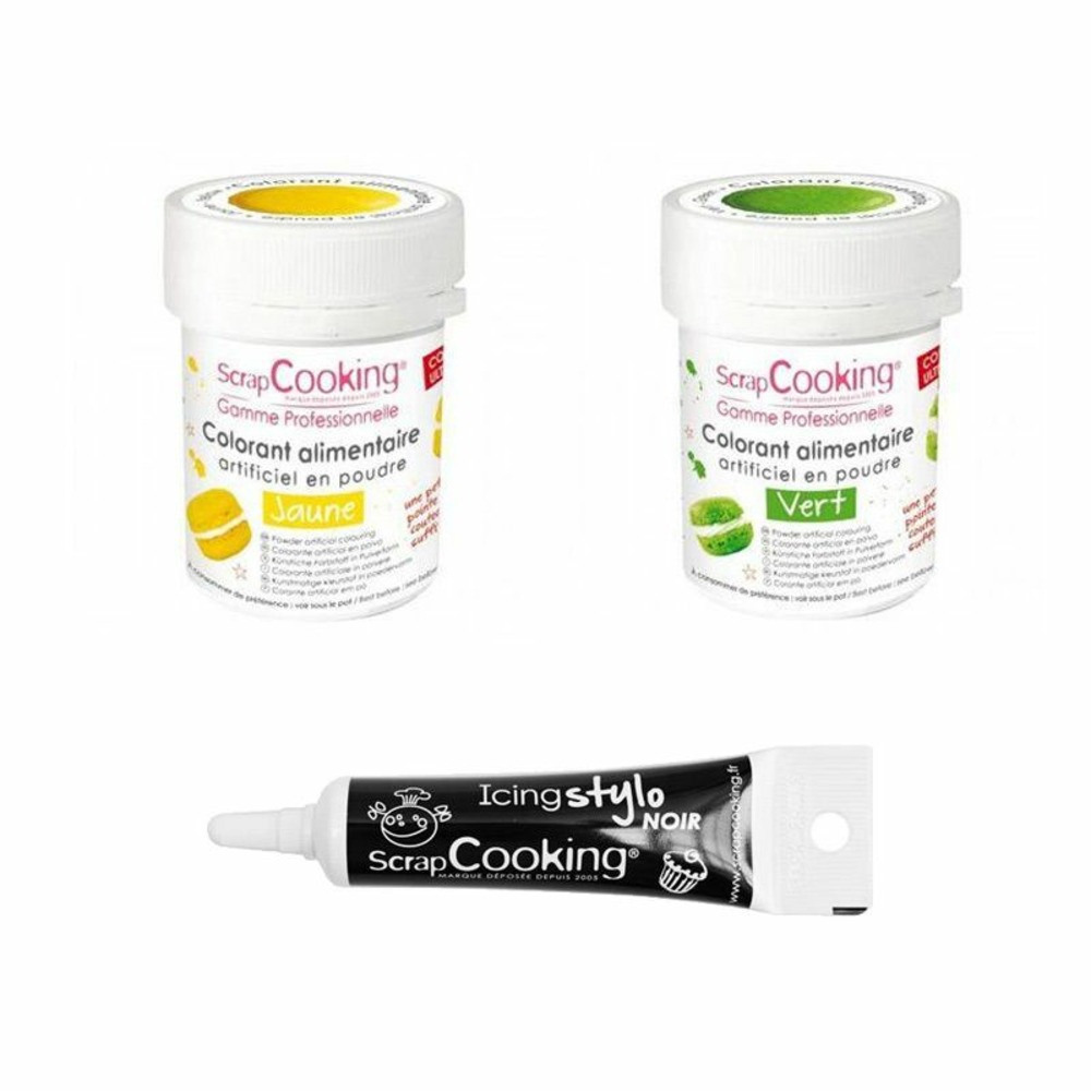 2 colorants alimentaires vert-jaune + stylo glaçage noir