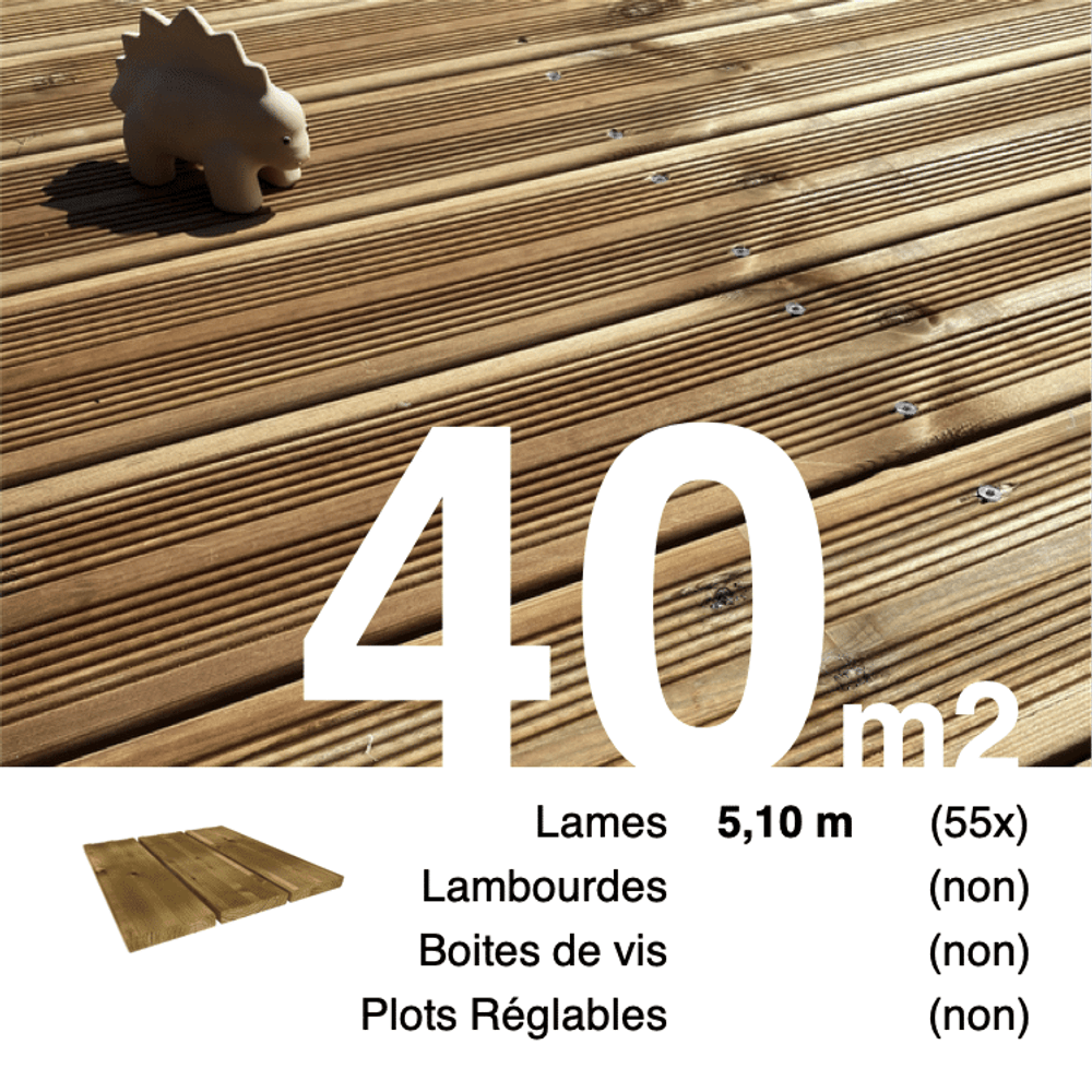 Planches de terrasse pin autoclave marron pour 40 m², longueur 5,1 m.