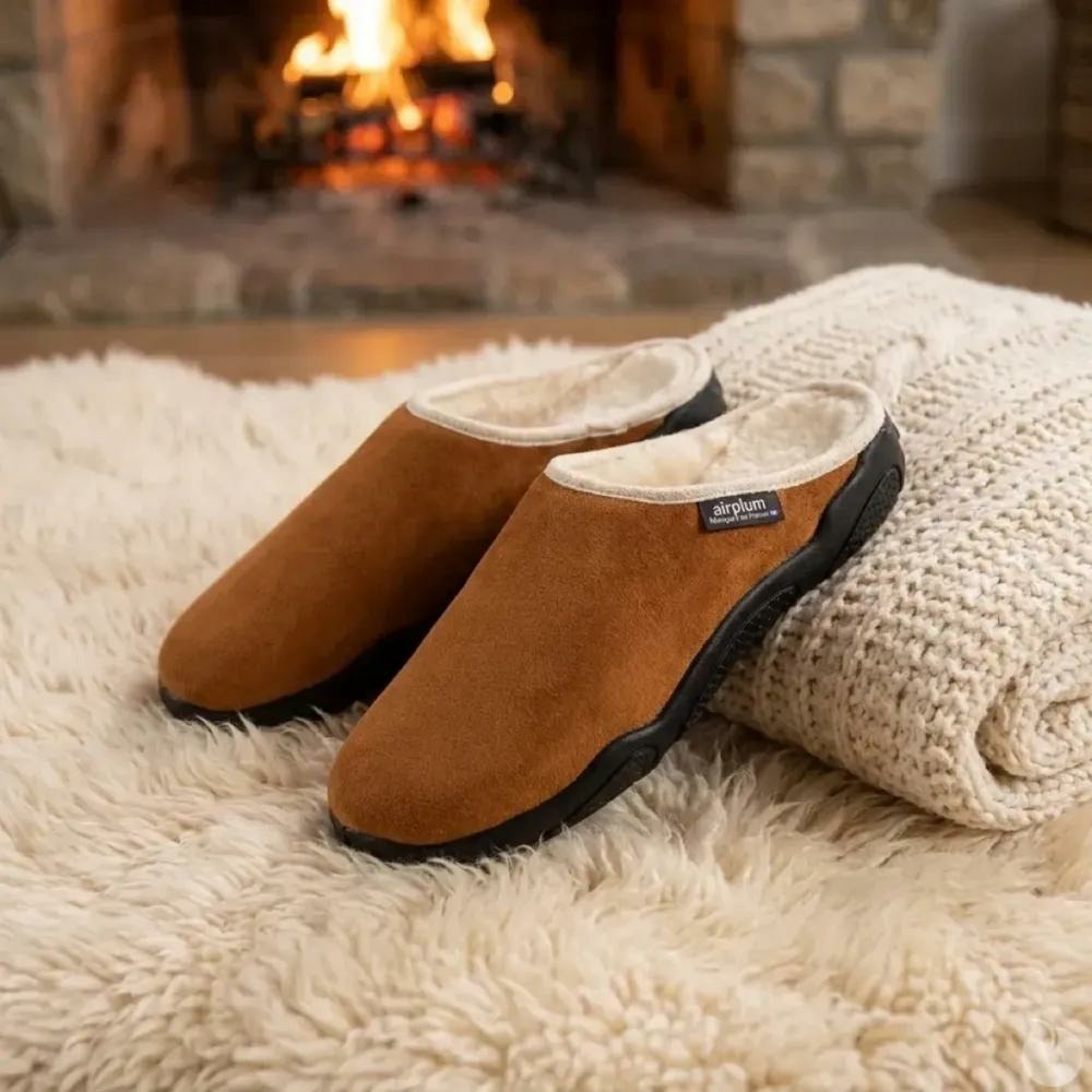 Chaussons mules fourrées doudou marron airplum