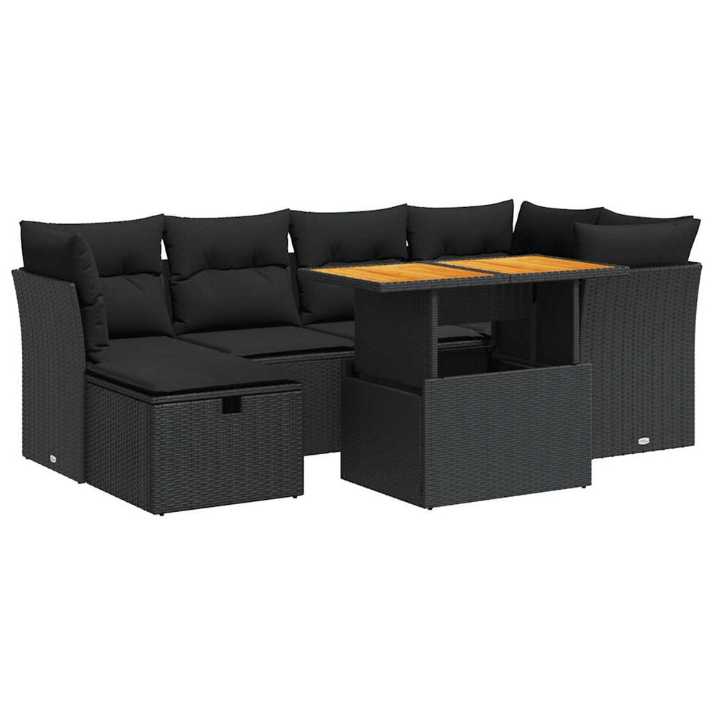 Salon de jardin avec coussins 7 pcs noir résine tressée acacia