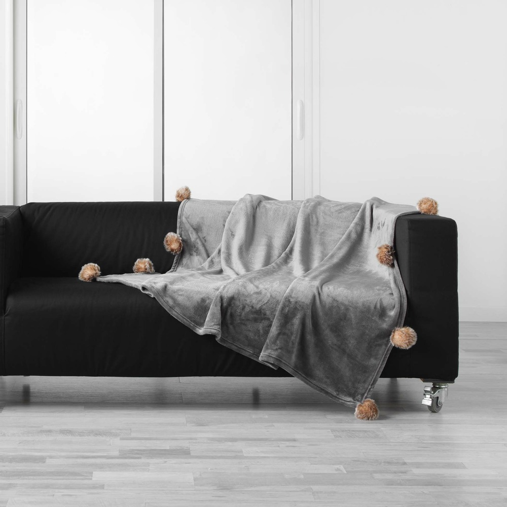 Plaid pompons 125x150cm snowy gris