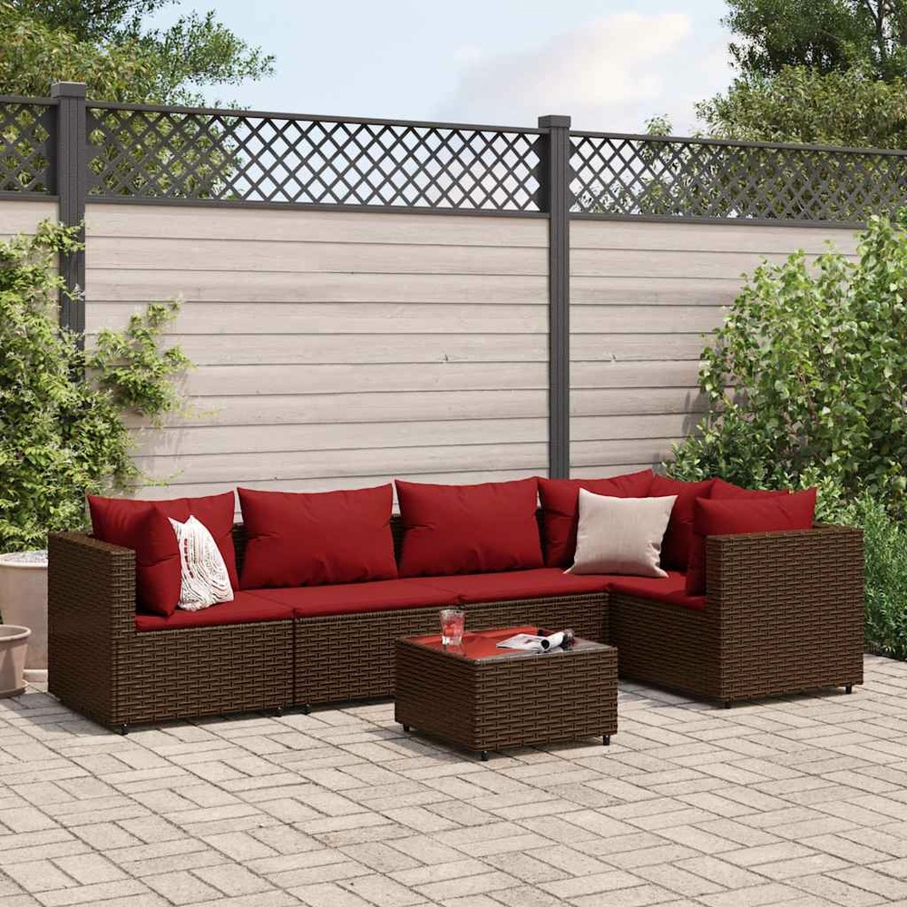 Salon de jardin 6 pcs avec coussins marron résine tressée