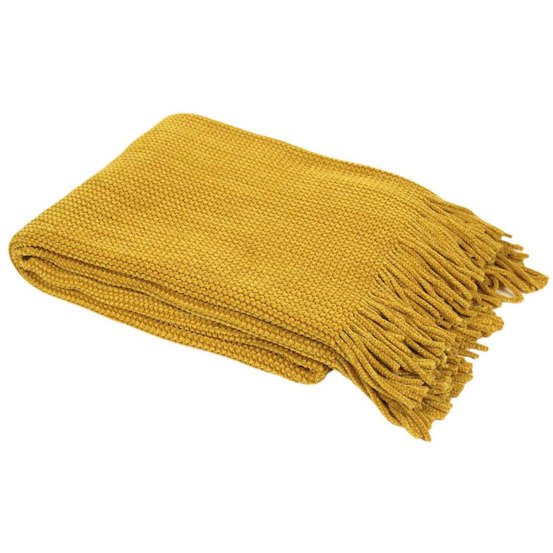 Plaid chenille en polyester avec franges 120 x 150 cm moutarde