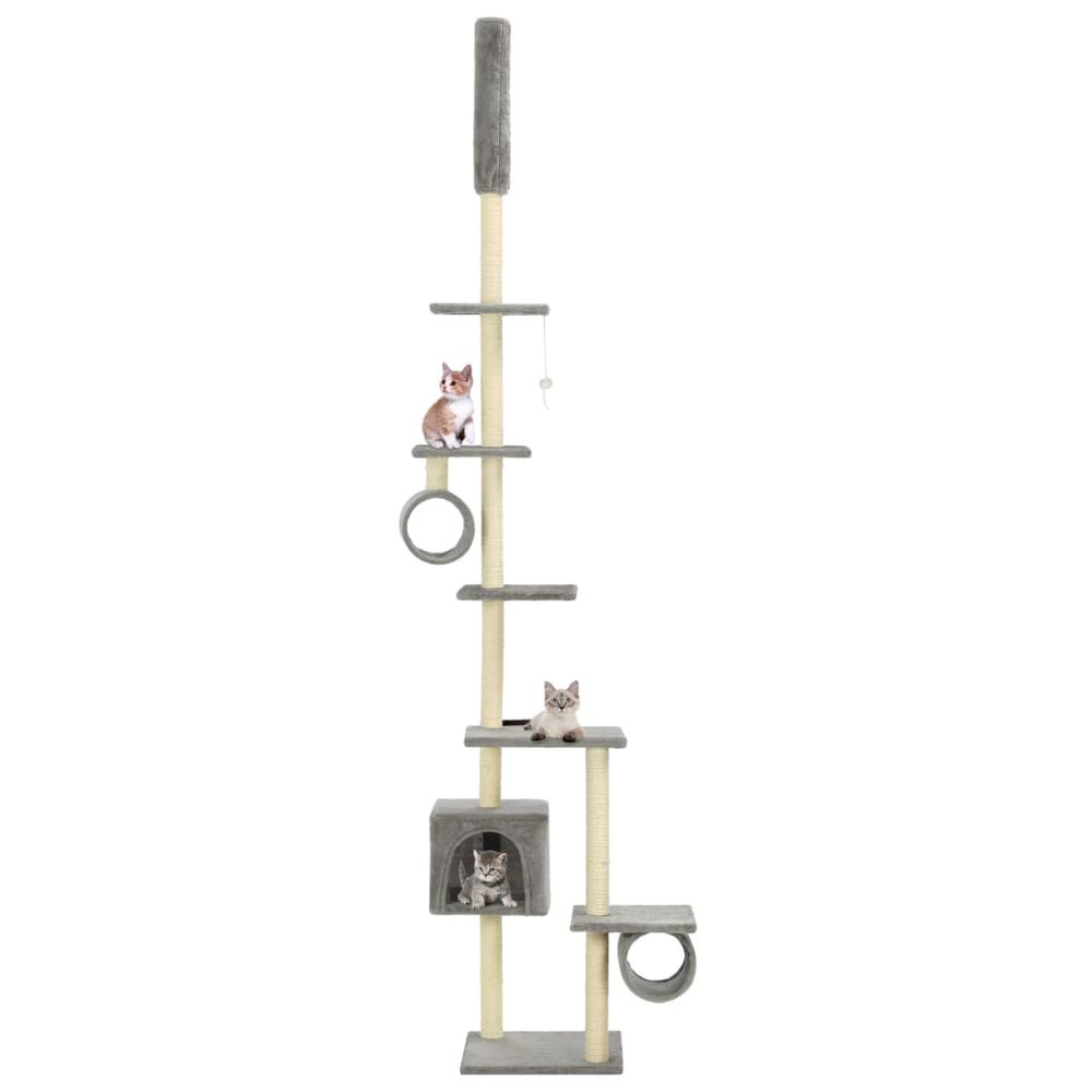 Grand arbre à chat multi-niveaux en sisal avec niches et tunnels pour plusieurs chats 260 cm gris