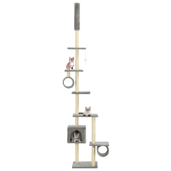 Grand arbre à chat multi-niveaux en sisal avec niches et tunnels pour plusieurs chats 260 cm gris
