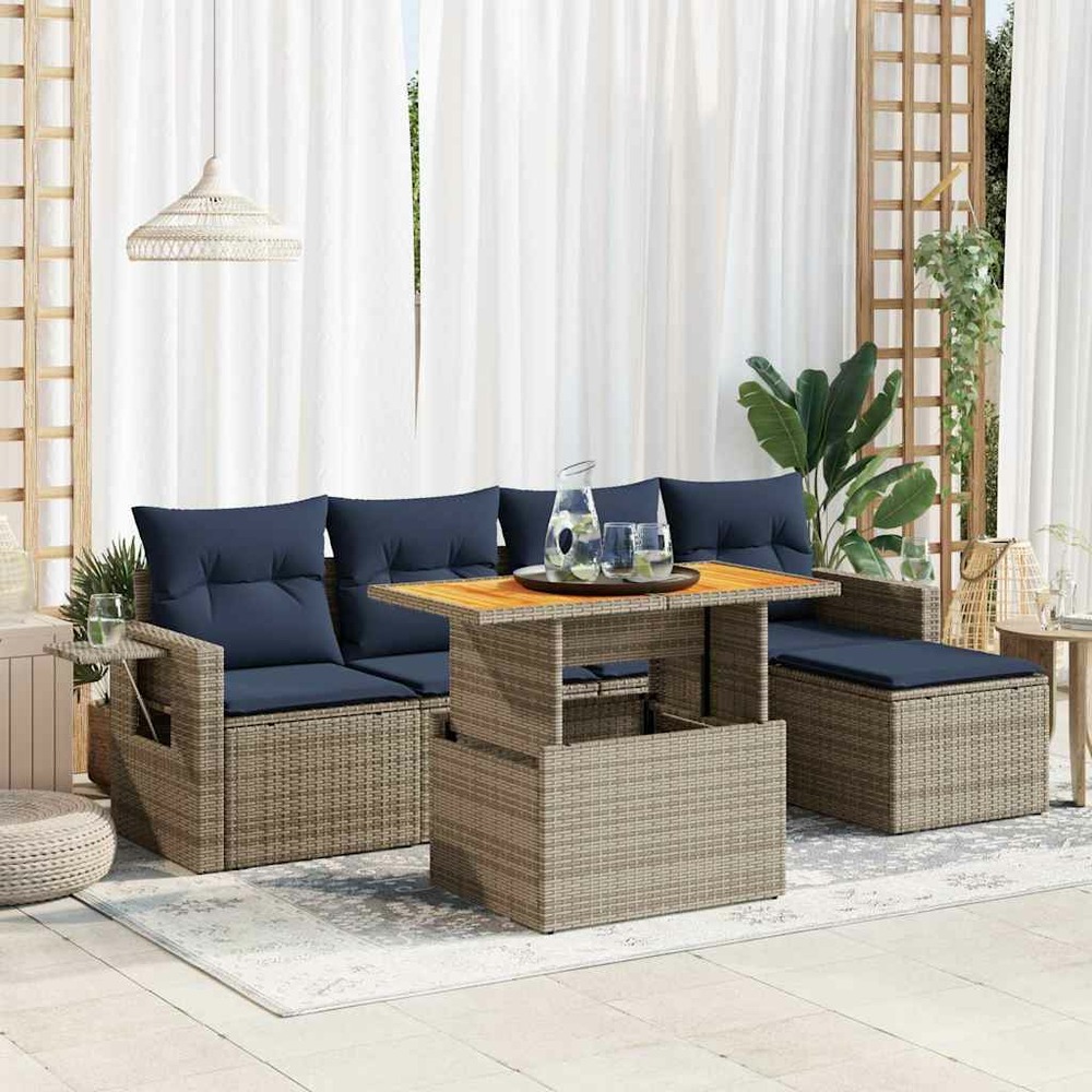 Salon de jardin 6 pcs avec coussins gris résine tressée
