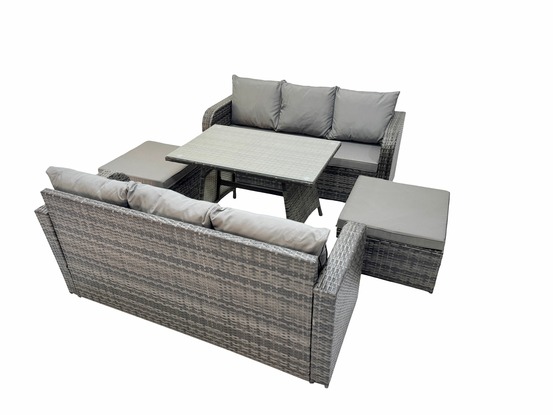 Garden furniture canapé set table à manger rectangulaire 2 grand tabourets intérieur extérieur 8 places rattan set gris foncé mixte