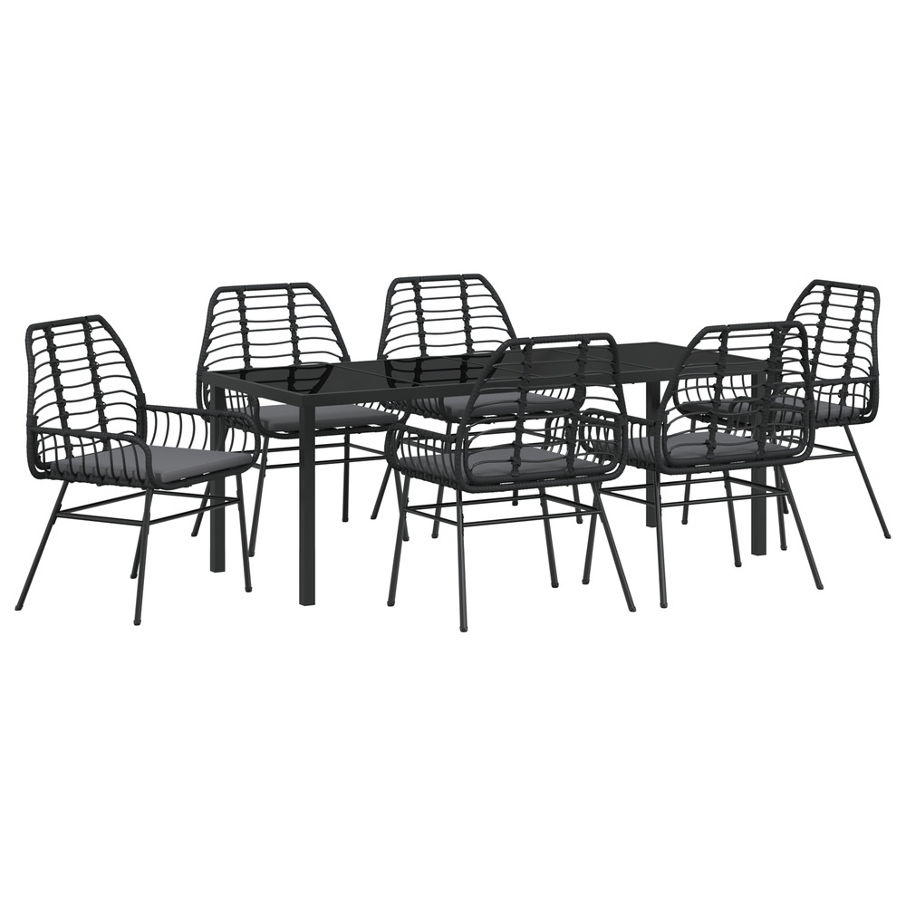 Ensemble de salle à manger de jardin 7 pièces avec coussins noir poly rattan
