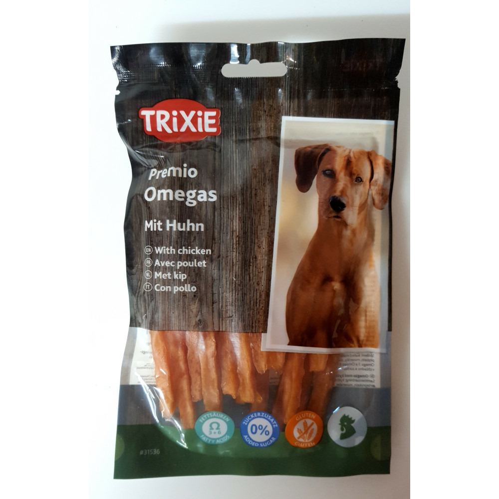 Friandise au poulet sachet de 100 gr omega stripes pour chien