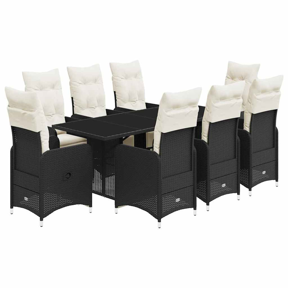 Ensemble de bistro de jardin 9 pcs coussins noir poly rotin