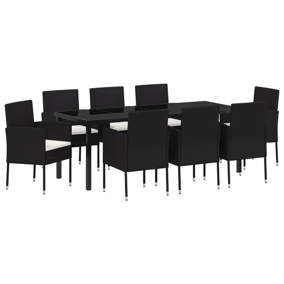 Ensemble de salle à manger de jardin 9 pièces avec coussins rattan poly noir