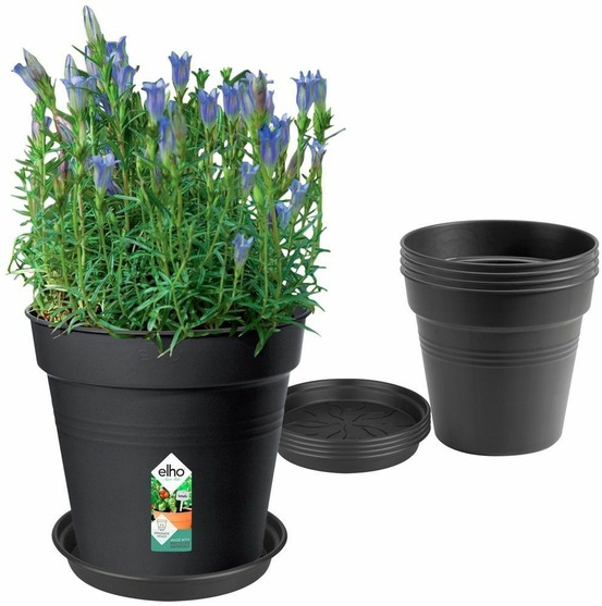 Elho lot de 5 pots de fleur de culture avec soucoupe green basics - ø17 x h15,7 cm + soucoupe ø14 cm - 4 l - noir