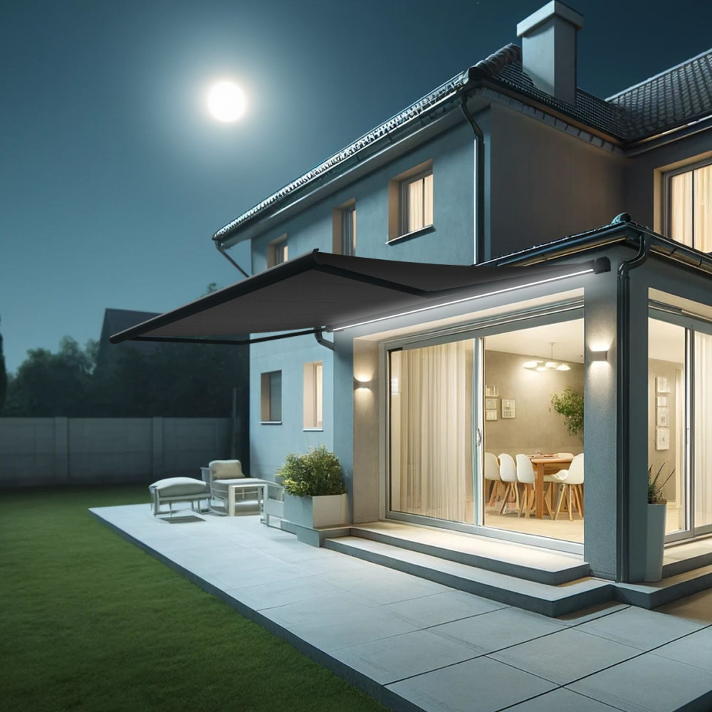 Store banne coffre intégral hevoa 5,00x3,50 m (motorisé secours à télécommande + led - gris anthracite ral7016st - gris graphite)