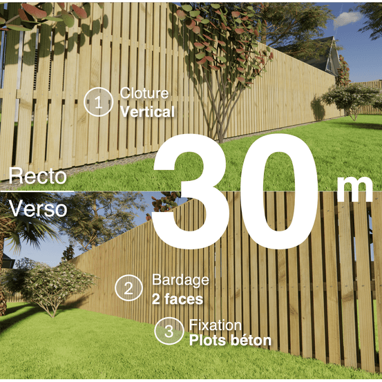 Kit clôture bois moderne 30m – h 1,9m – 20 x 60 mm autoclave vert – pose vertical – double face – à sceller