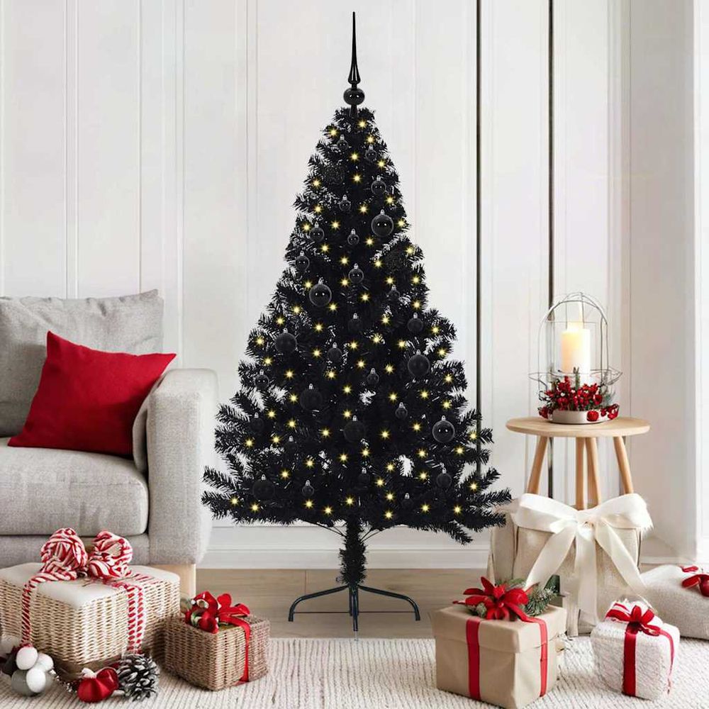 Sapin de noël artificiel noir 150 cm lumineux 150 led & kit 61 boules inclus
