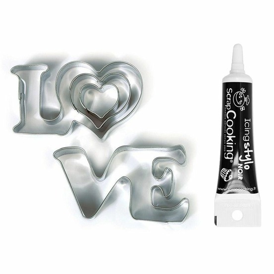 Emporte-pièces en inox love + stylo de glaçage noir