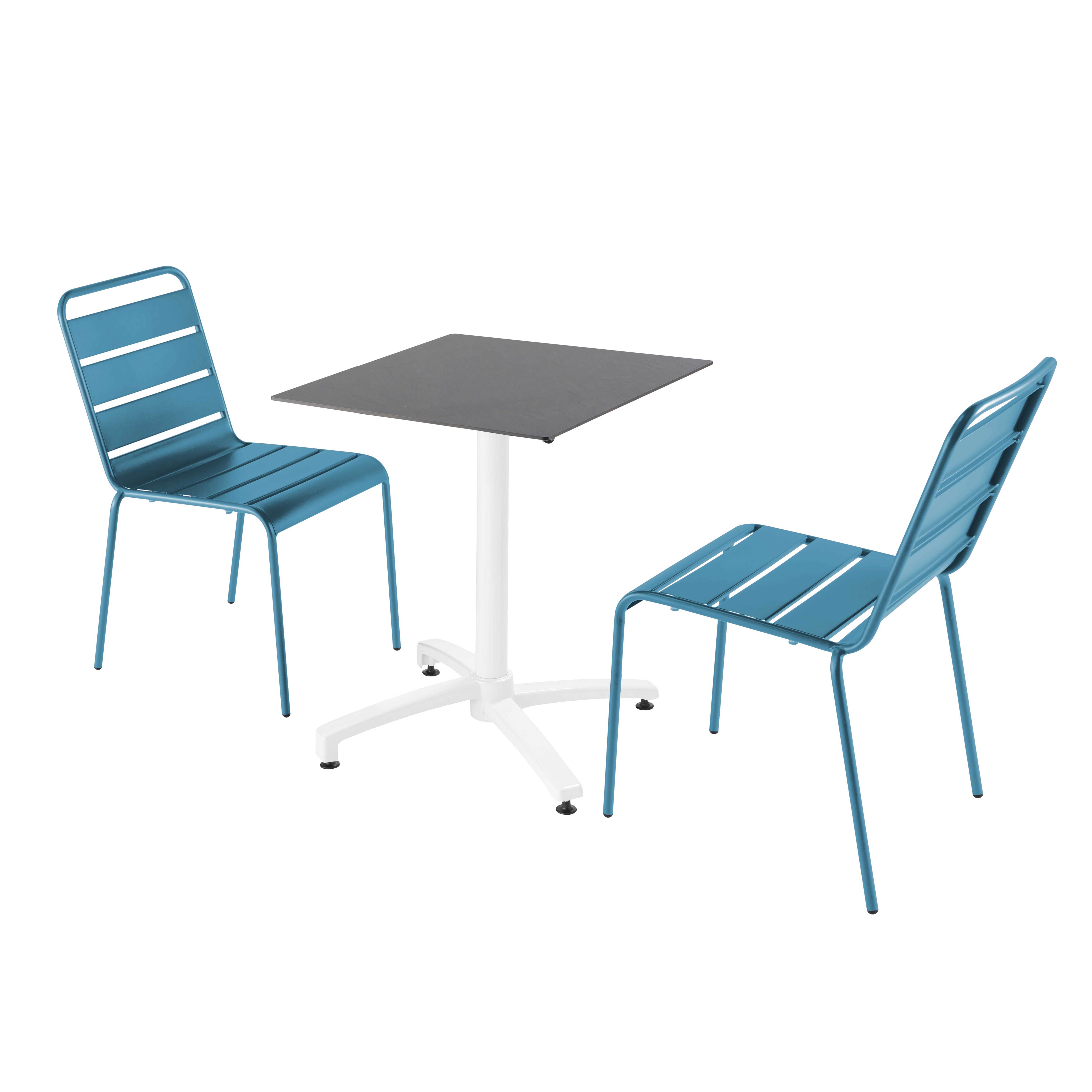 Ensemble table de terrasse stratifié ardoise et 2 chaises bleu pacific