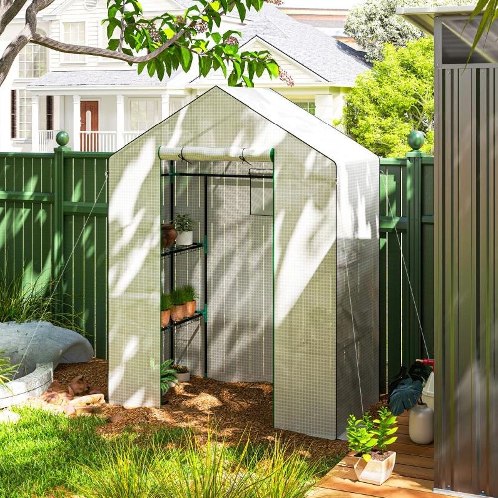 Serre de jardin pe blanc 140 x 73 x 190 cm légumes et fleurs avec porte fenêtres étagères - comfortxl outdoor living