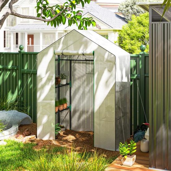 Serre de jardin pe blanc 140 x 73 x 190 cm légumes et fleurs avec porte fenêtres étagères - comfortxl outdoor living