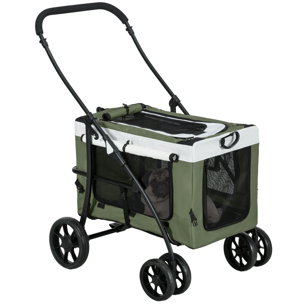 Poussette avec panier détachable en polyester et acier pour chiens pliable vert