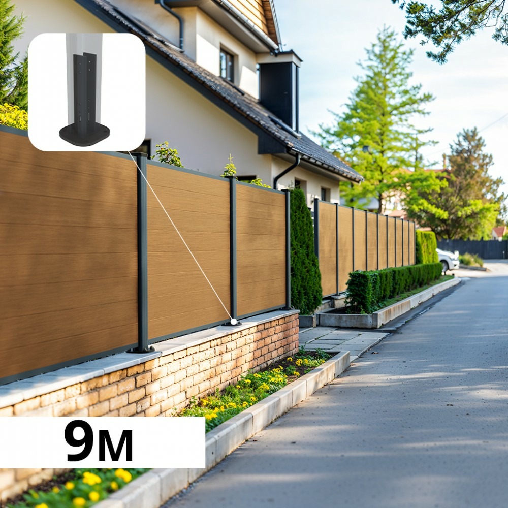 Kit clôture composite sur muret poteau sur platines - cruz cèdre h-1,2m