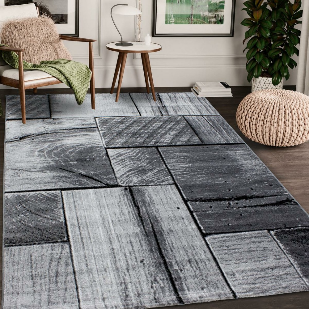 Tapis de couloir 80x300 tissé motif géométrique plono gris clair et gris foncé