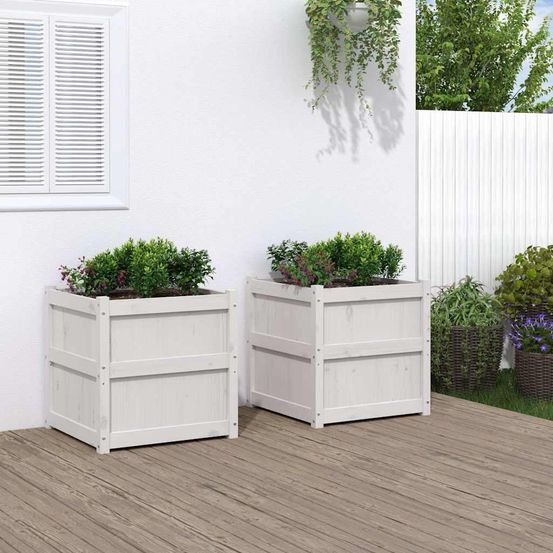 Lot de 2 jardinières carrées en bois de pin massif blanches 60x60 cm