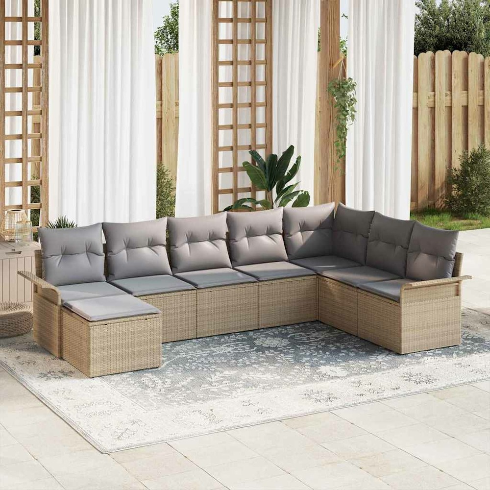 Ensemble de canapé de jardin avec coussin 8 pcs beige polyrotin
