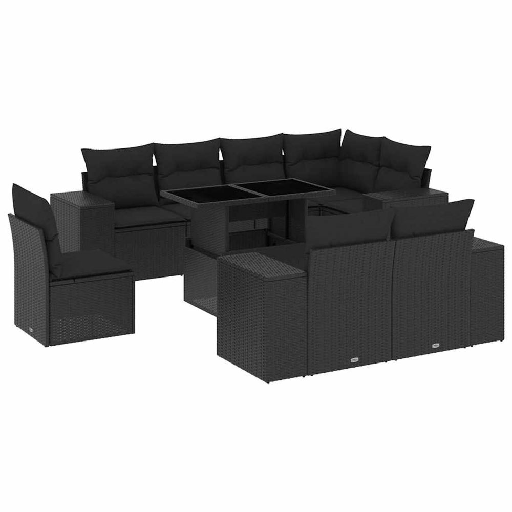 Salon de jardin 9 pcs avec coussins noir résine tressée