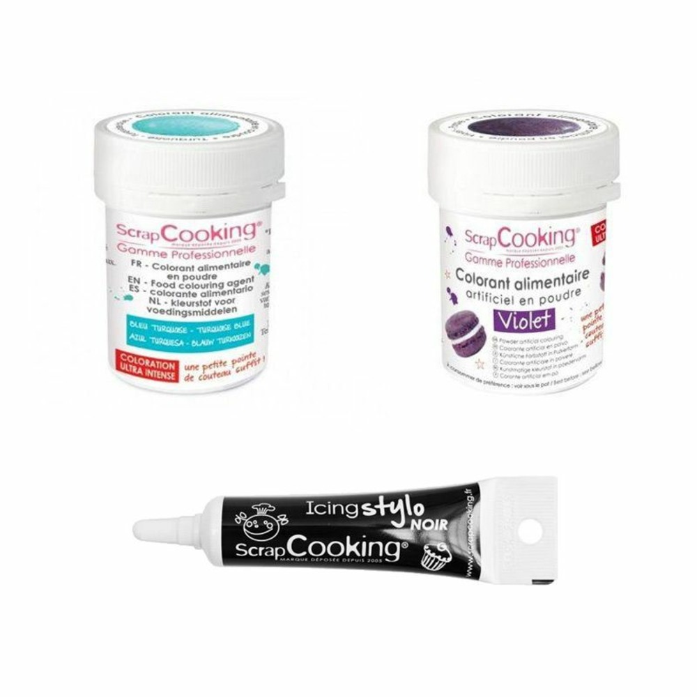 2 colorants alimentaires turquoise-violet + stylo glaçage noir