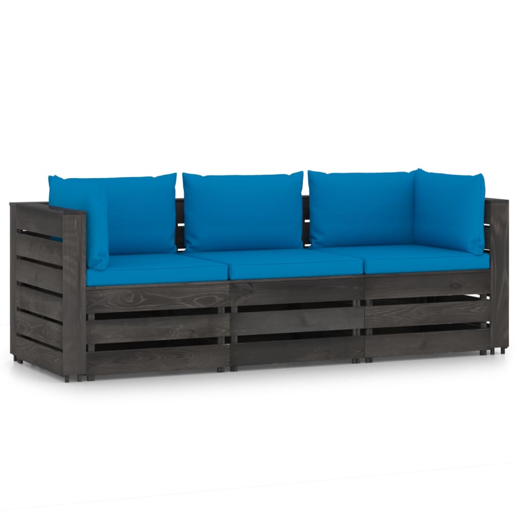 Salon de jardin meuble d'extérieur ensemble de mobilier 3 places avec coussins bois imprégné de gris