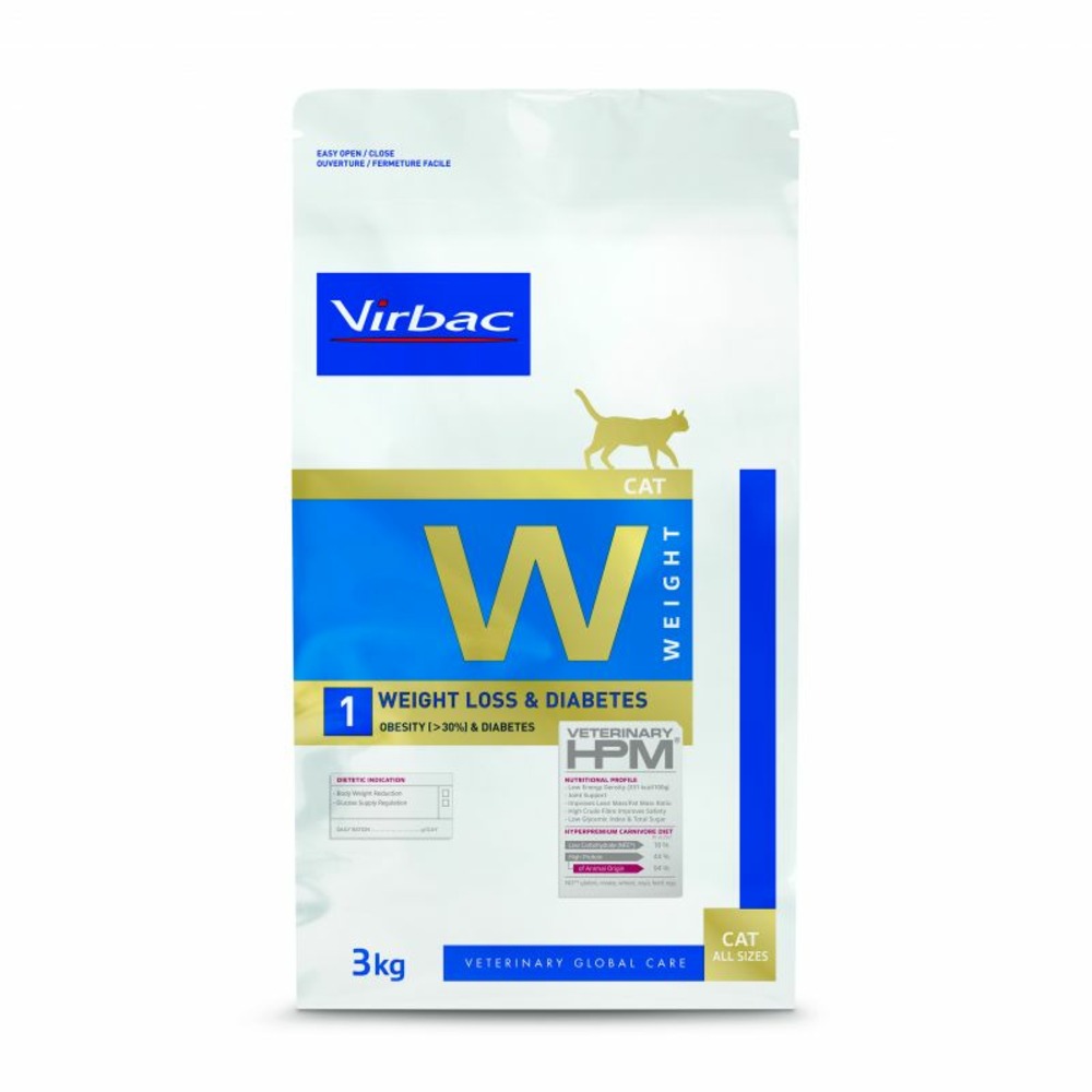 Croquettes chat veterinary hpm cat w1 weight loss&diabete - virbac 7 kg