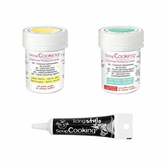2 colorants alimentaires vert d'eau-jaune pastel + stylo glaçage noir