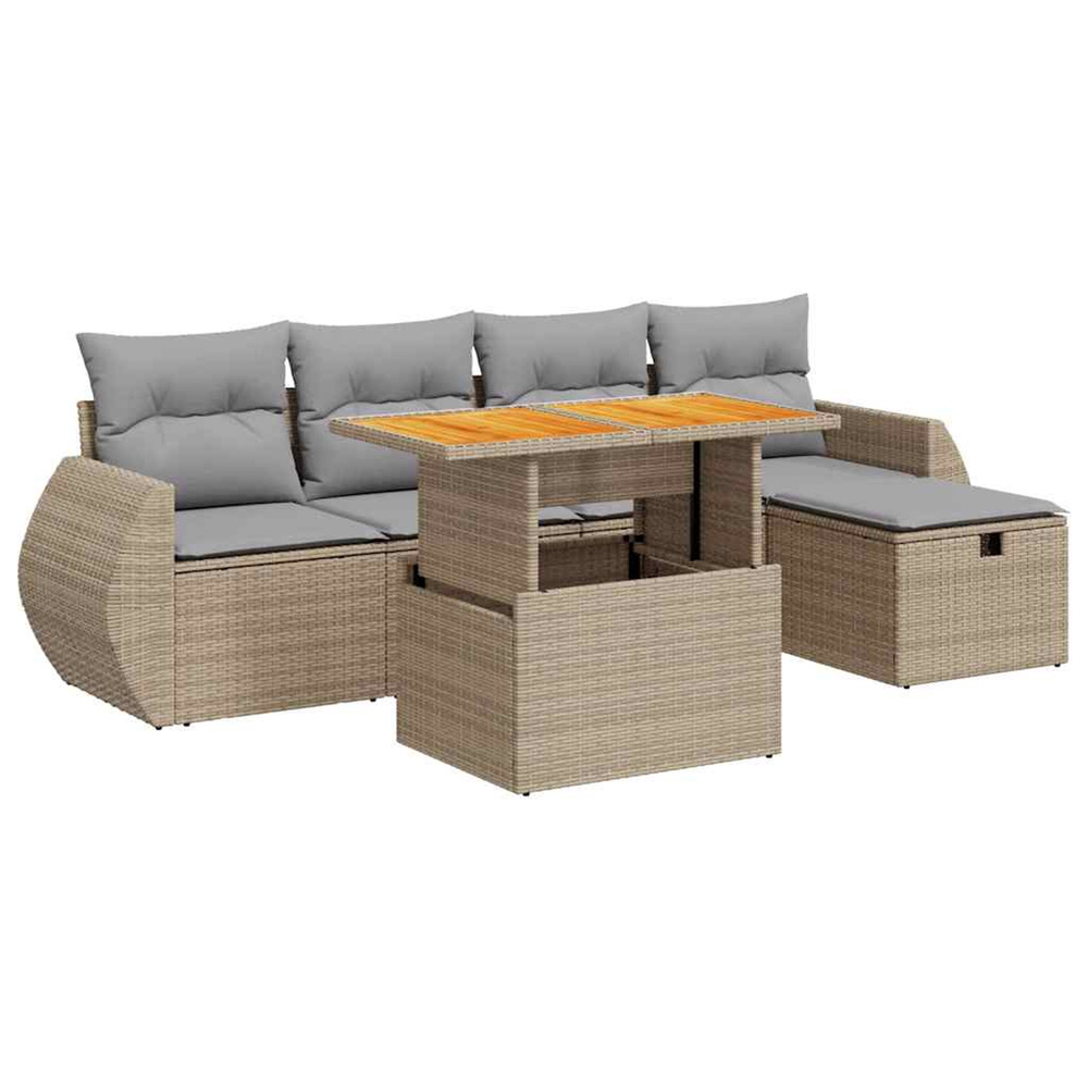 Salon de jardin 6 pcs avec coussins beige résine tressée acacia