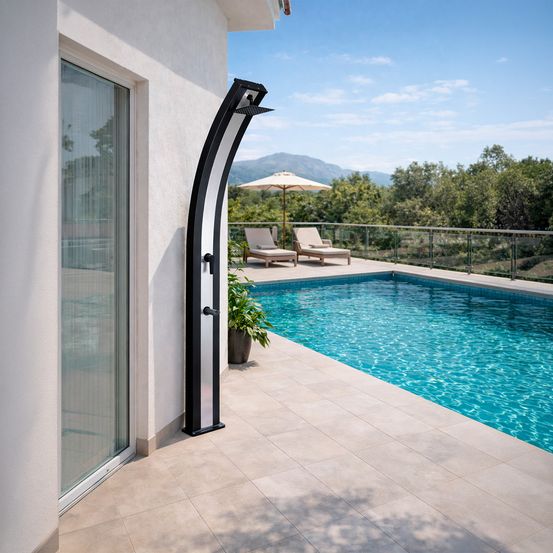 Douche solaire exterieure noir ral9004 inox aluminium reservoir 40 l mitigeur