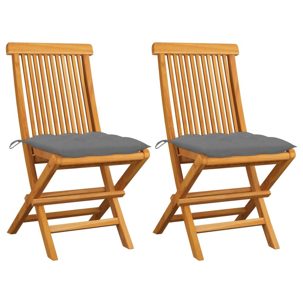 Chaises pliantes avec coussins gris, 2 pièces, en teck massif