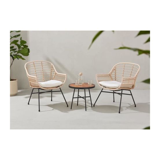 Salon de jardin ola : table basse + 2 fauteuils - résine tressée écrue