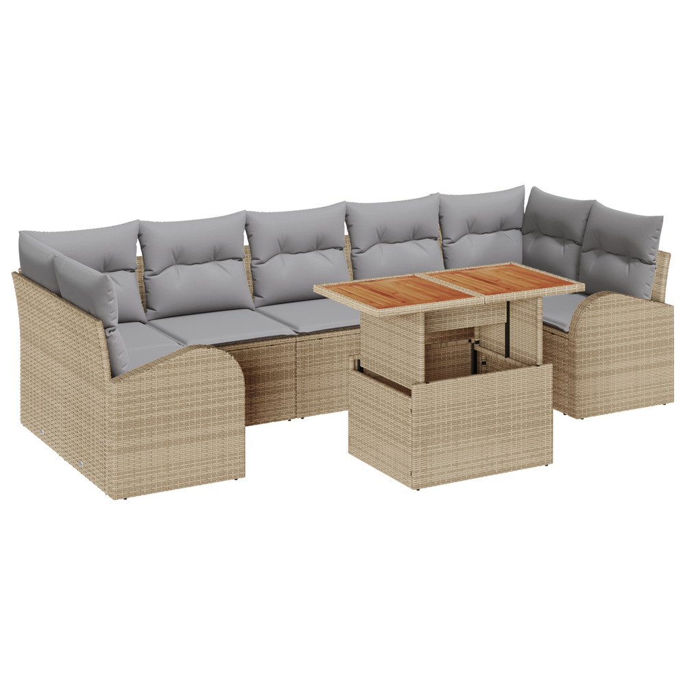 Ensemble de salle à manger de jardin de 8 pièces avec coussins beige en poly rotin acacia