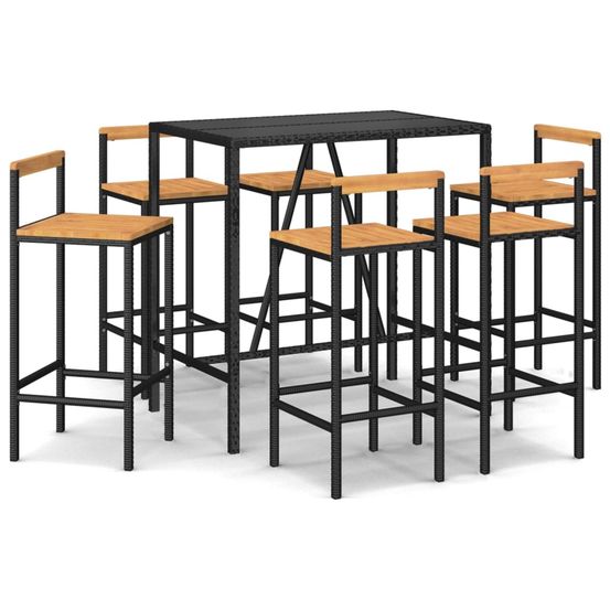 Ensemble de bar jardin 7 pcs noir poly rotin/bois massif acacia